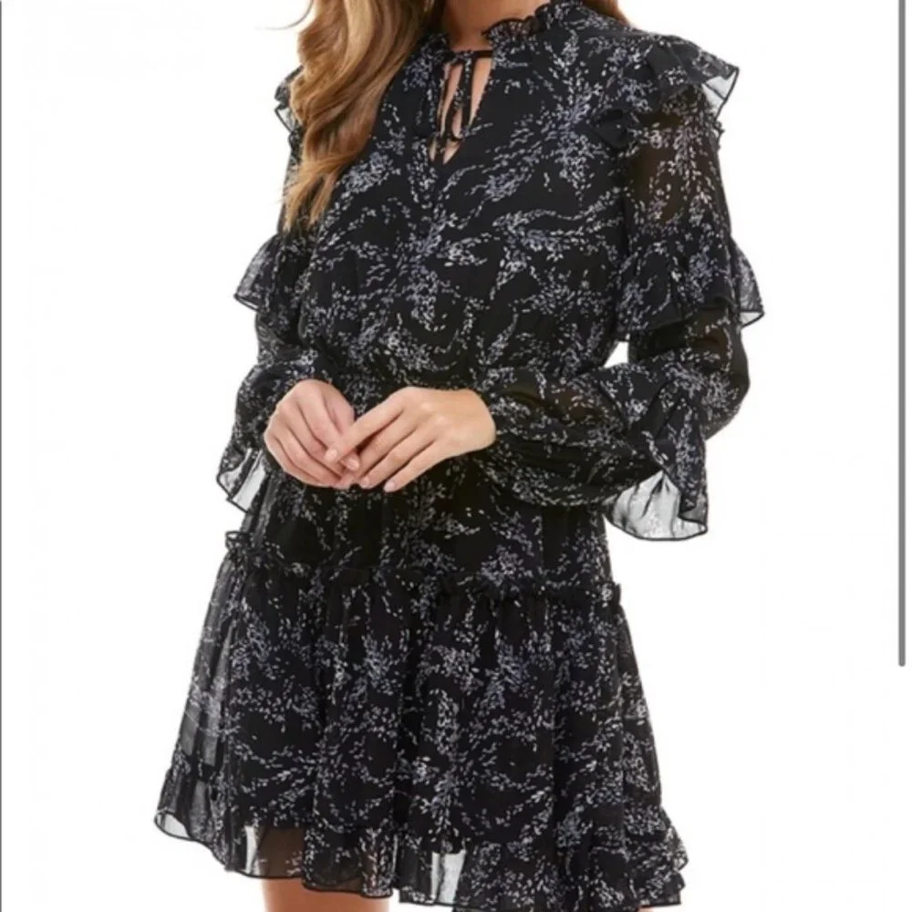 TCEC Dress Ruffle Tiered Black Floral Medium Romantic Weddings Date Night Travel - Picture 5 of 9